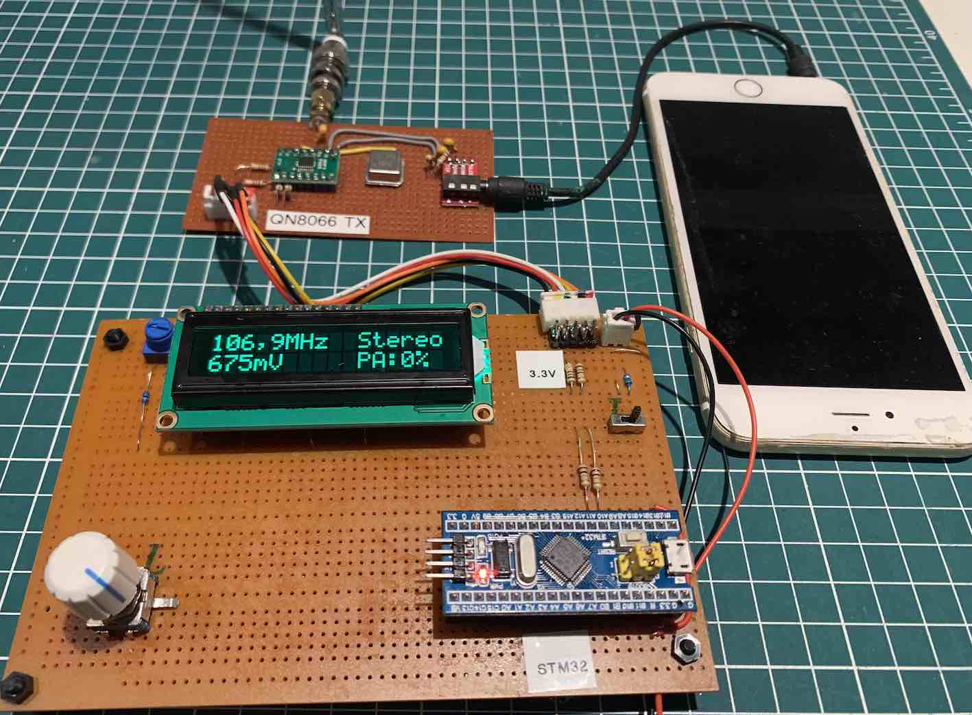 STM32, LCD16x2, Encoder and QN8066 prototype 2