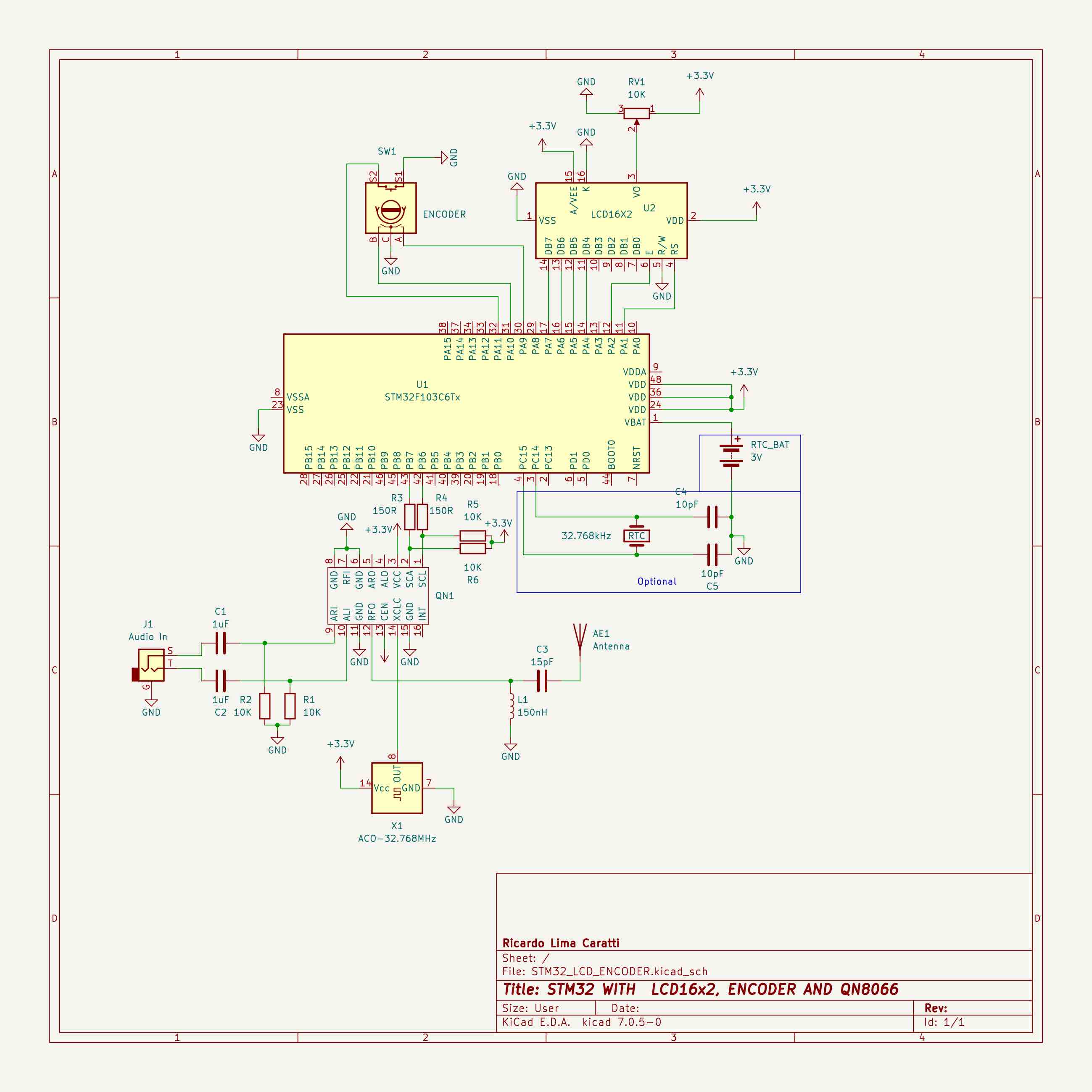 STM32, LCD16x2, Encoder and QN8066 schematic