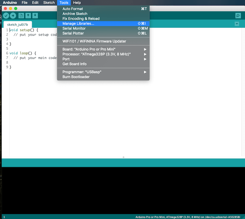 Arduino IDE - Manage Libraries menu option
